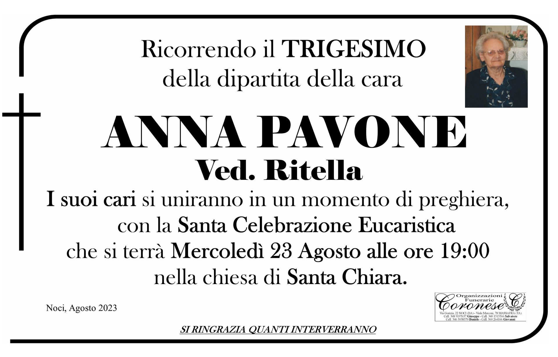 necrologio ANNA PAVONE Ved. Ritella