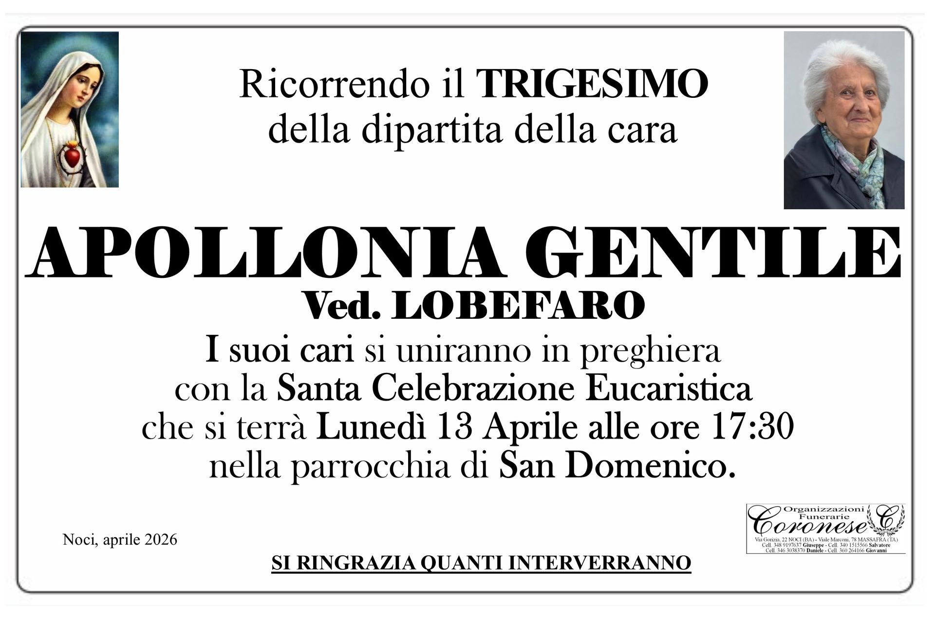 necrologio APOLLONIA GENTILE Ved. LOBEFARO