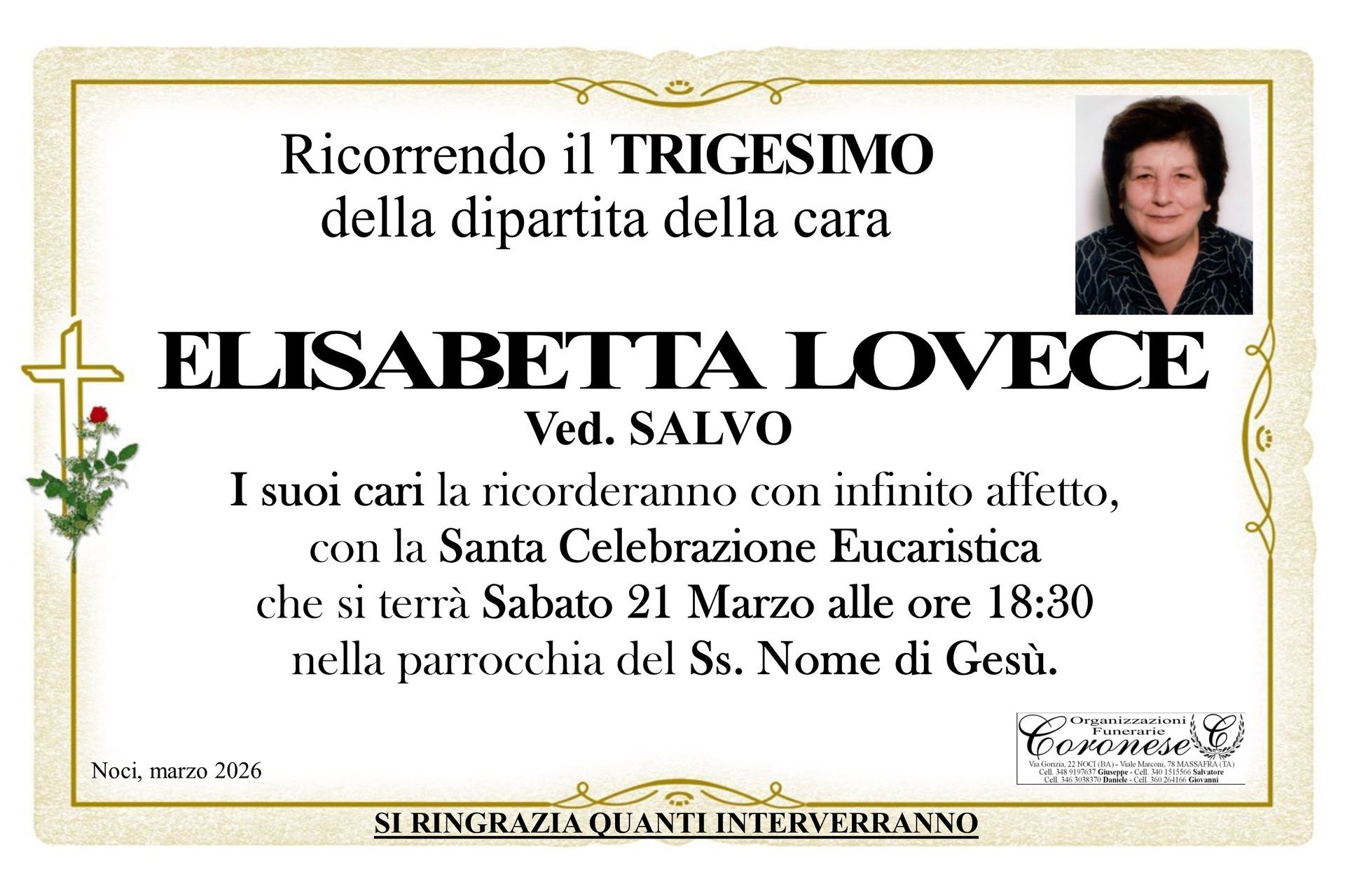 necrologio ELISABETTA LOVECE Ved. SALVO