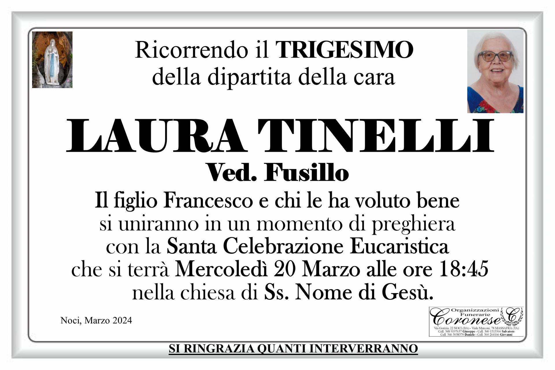 necrologio LAURA TINELLI Ved. Fusillo