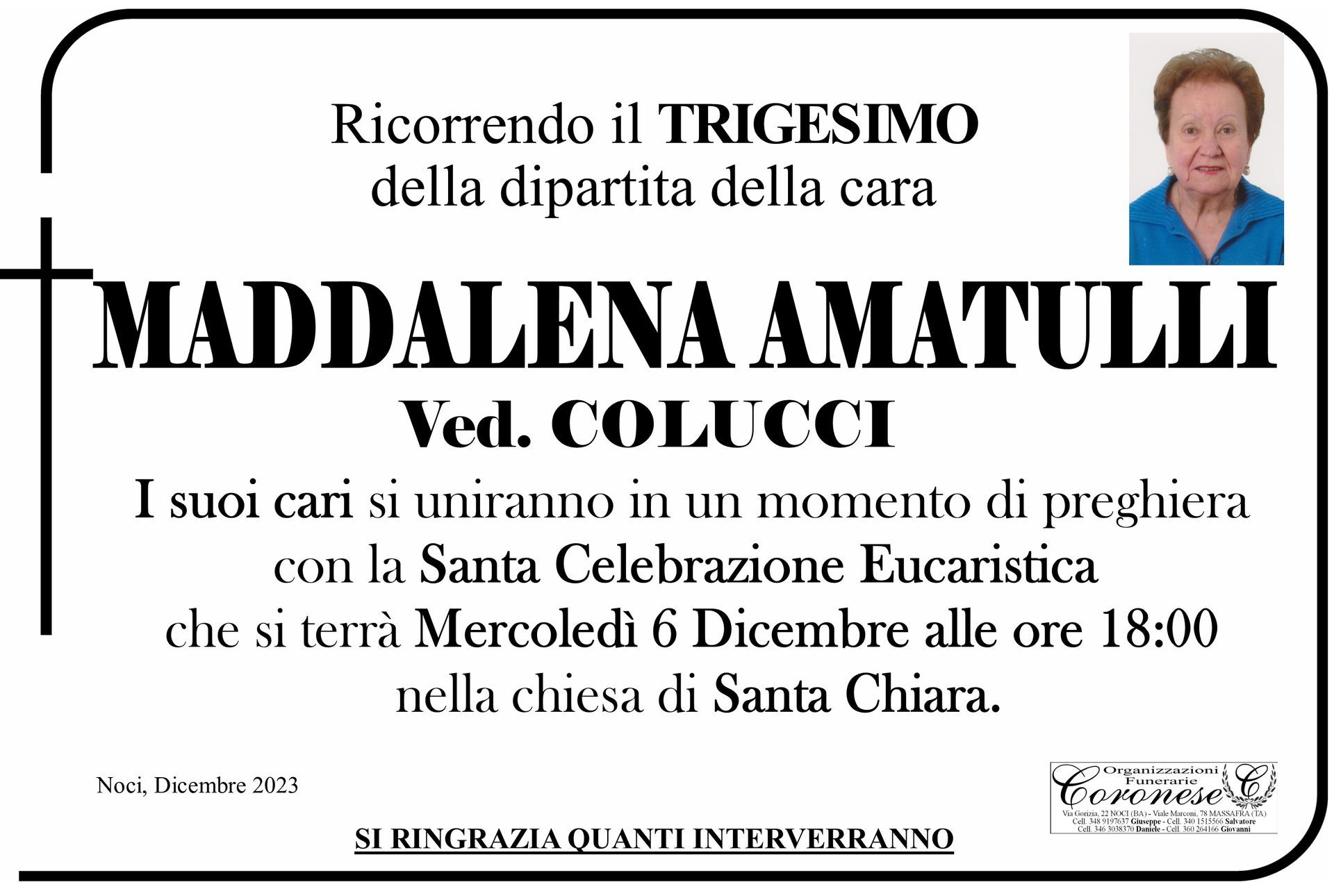 necrologio MADDALENA AMATULLI Ved. COLUCCI