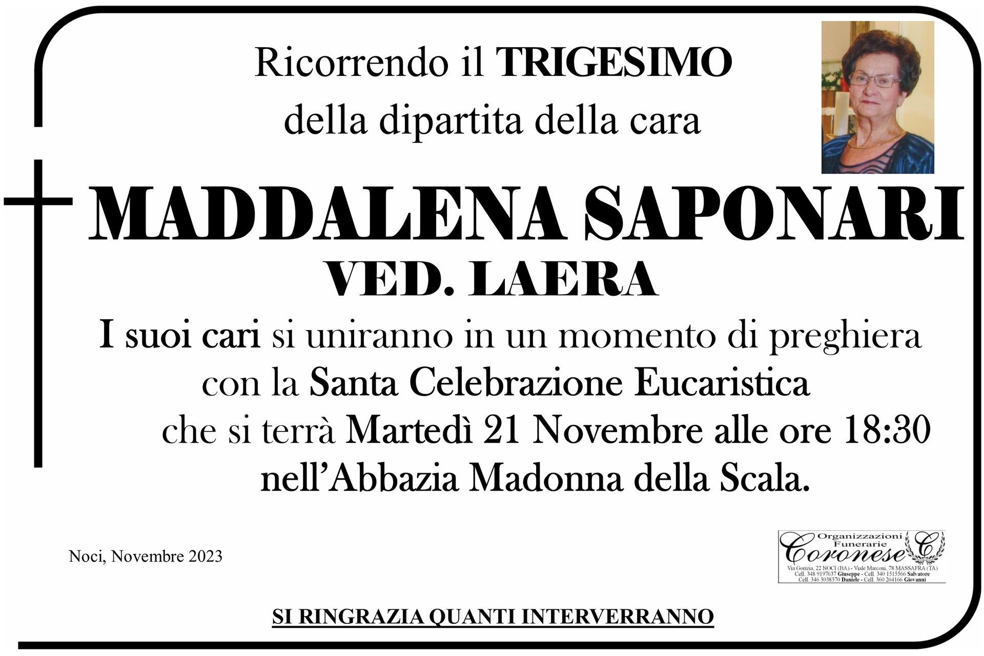 necrologio MADDALENA SAPONARI Ved. LAERA