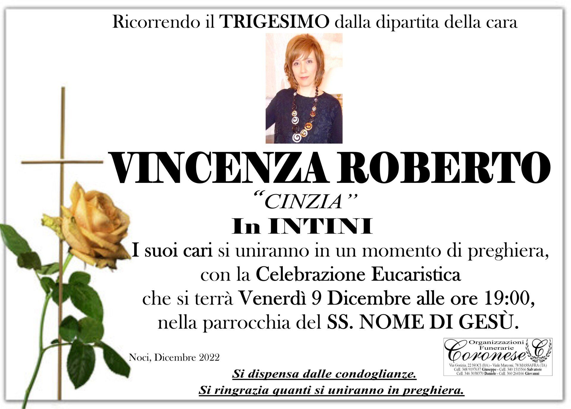 necrologio VINCENZA ROBERTO In INTINI