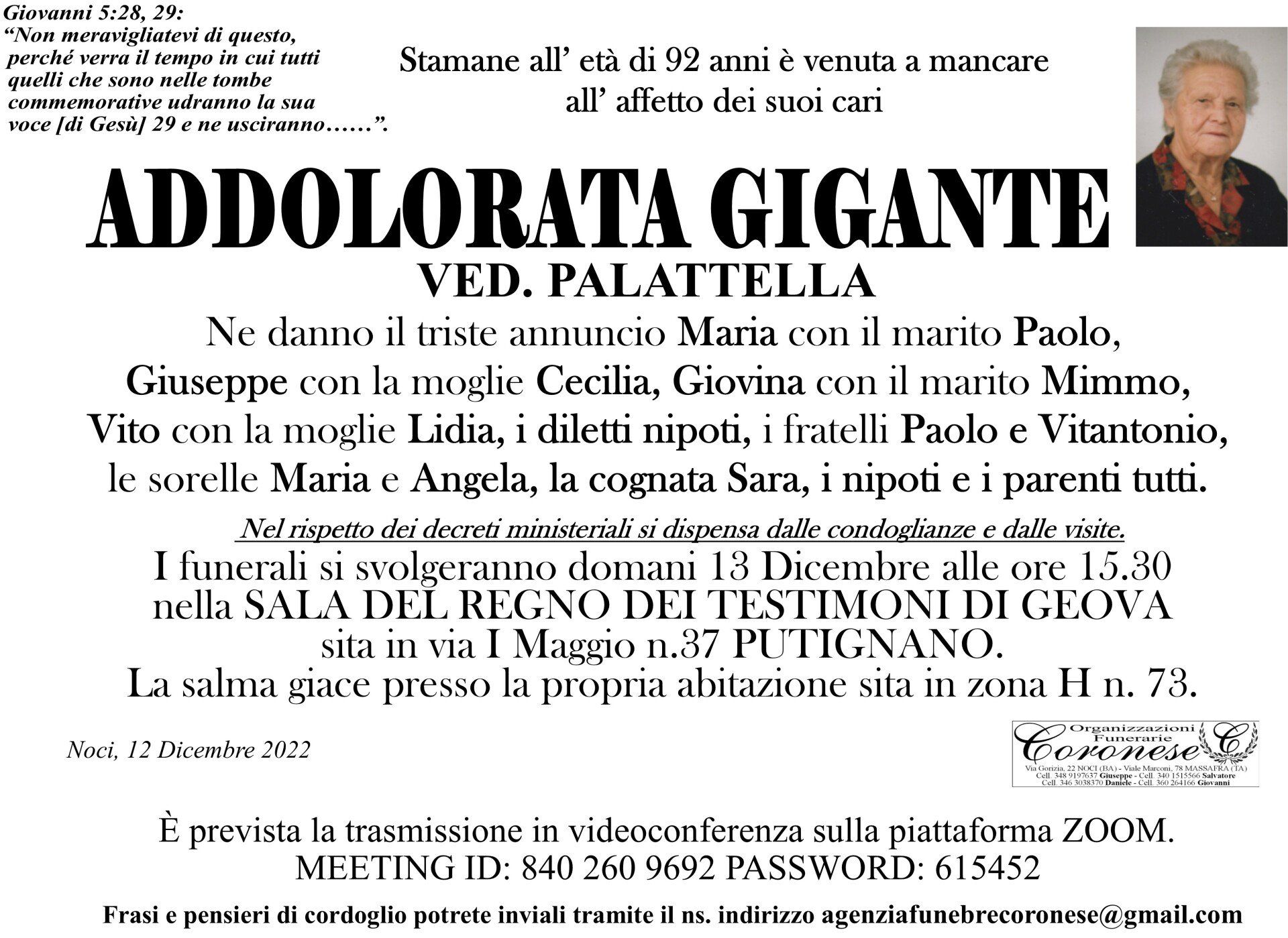 necrologio ADDOLORATA GIGANTE  Ved. Palattella