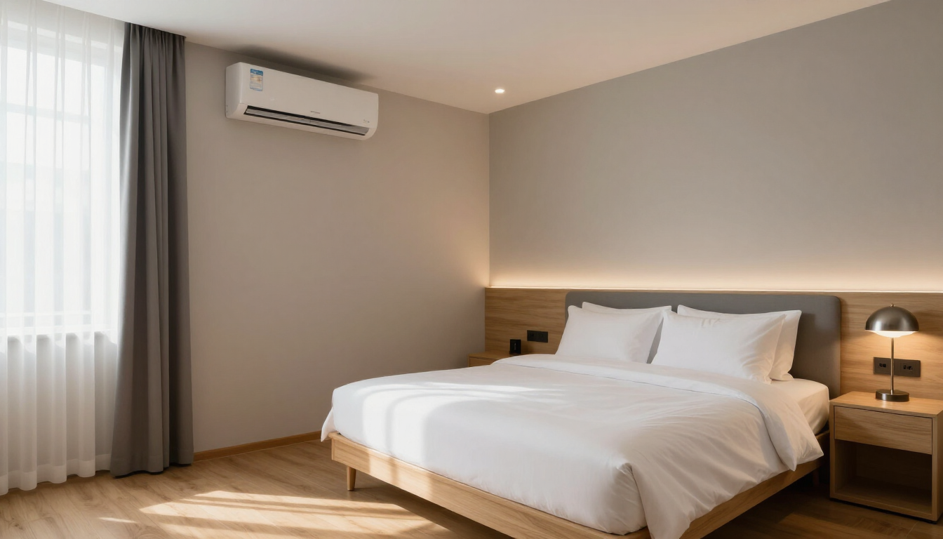 Dormitorio minimalista con cama blanca sin hacer, mesitas de noche de madera, aire acondicionado