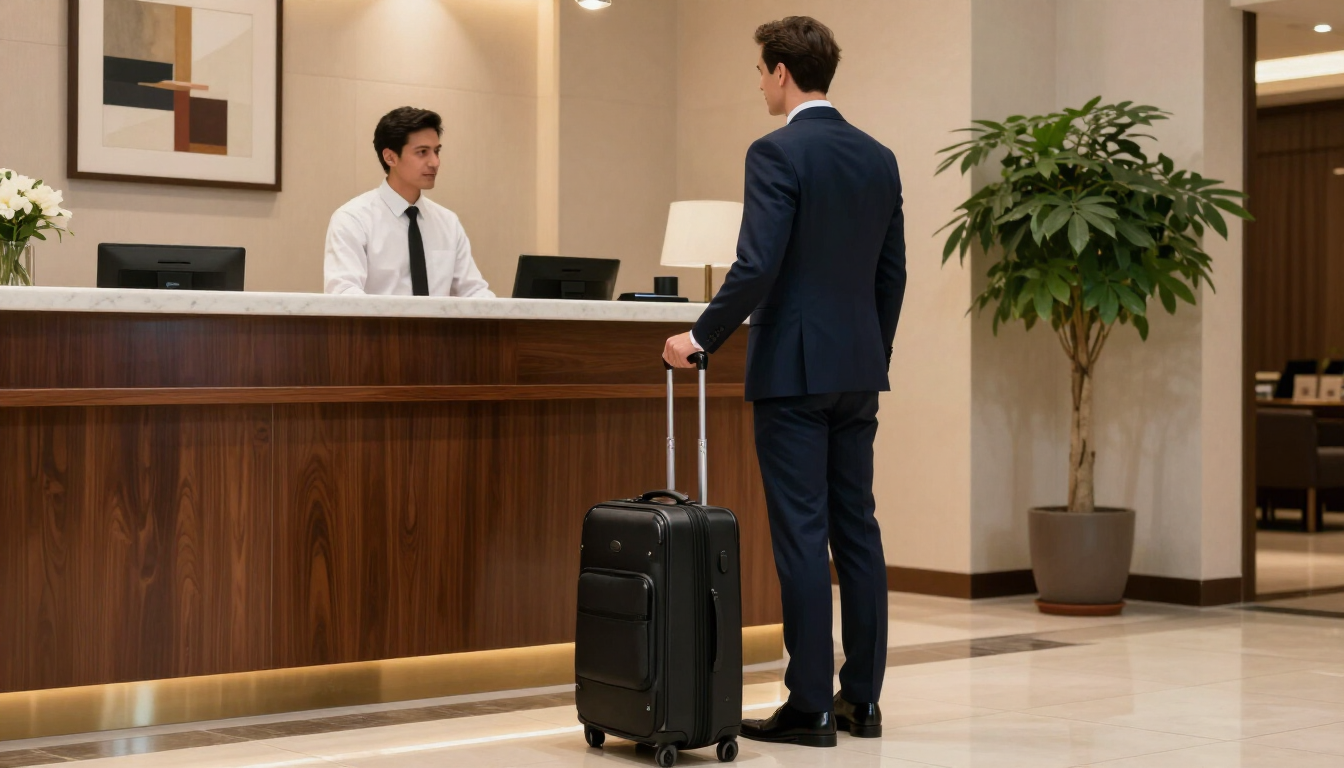Un viajero de negocios con una maleta está de pie en la recepción del hotel, hablando con un empleado.