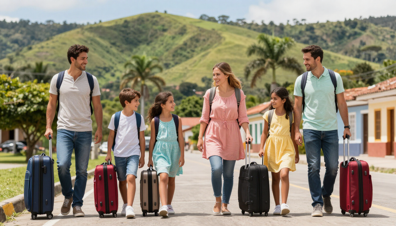 Familia paseando con maletas con ruedas por un camino soleado cerca de verdes colinas y casas.