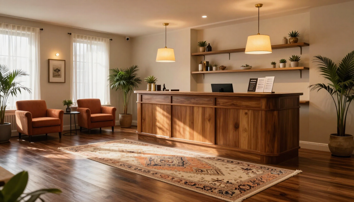 Vestíbulo de recepción acogedor con escritorio de madera