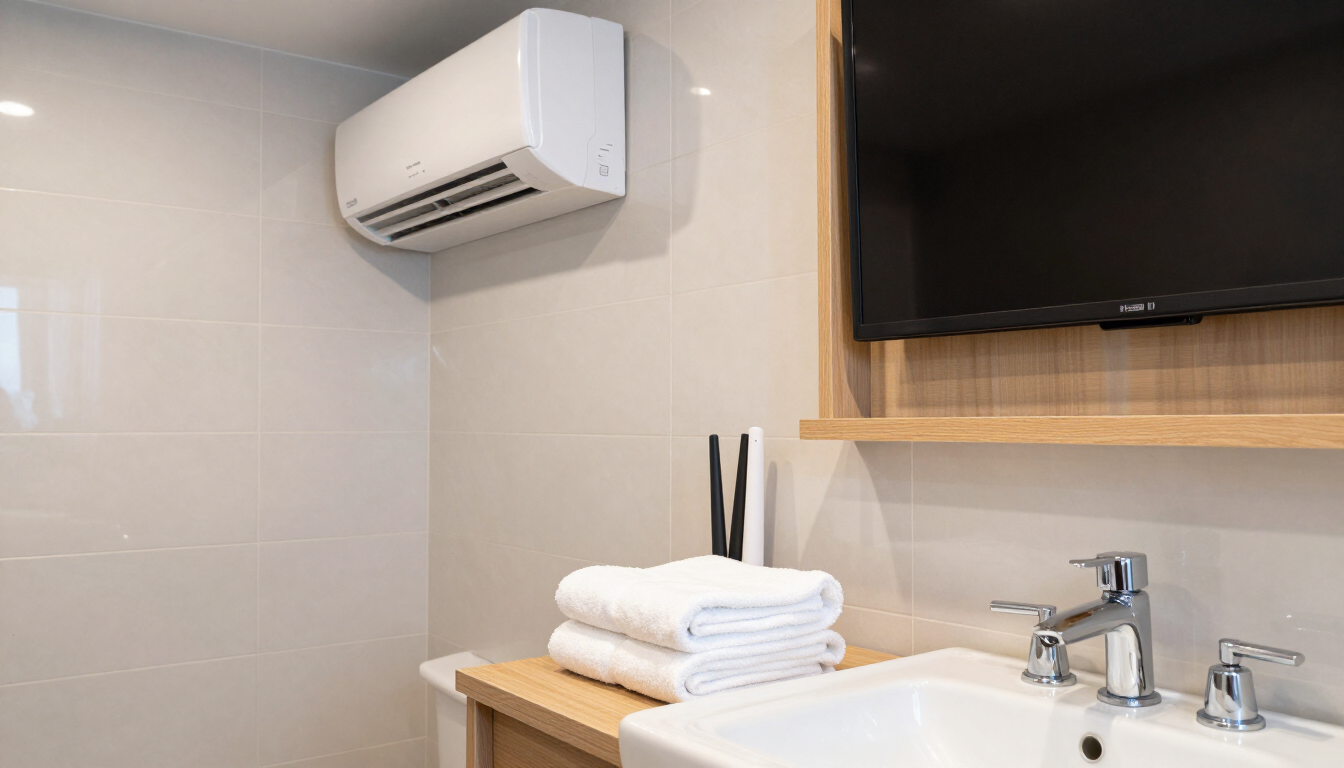 Mueble de baño con lavabo, espejo, toallas dobladas y aire acondicionado de pared.