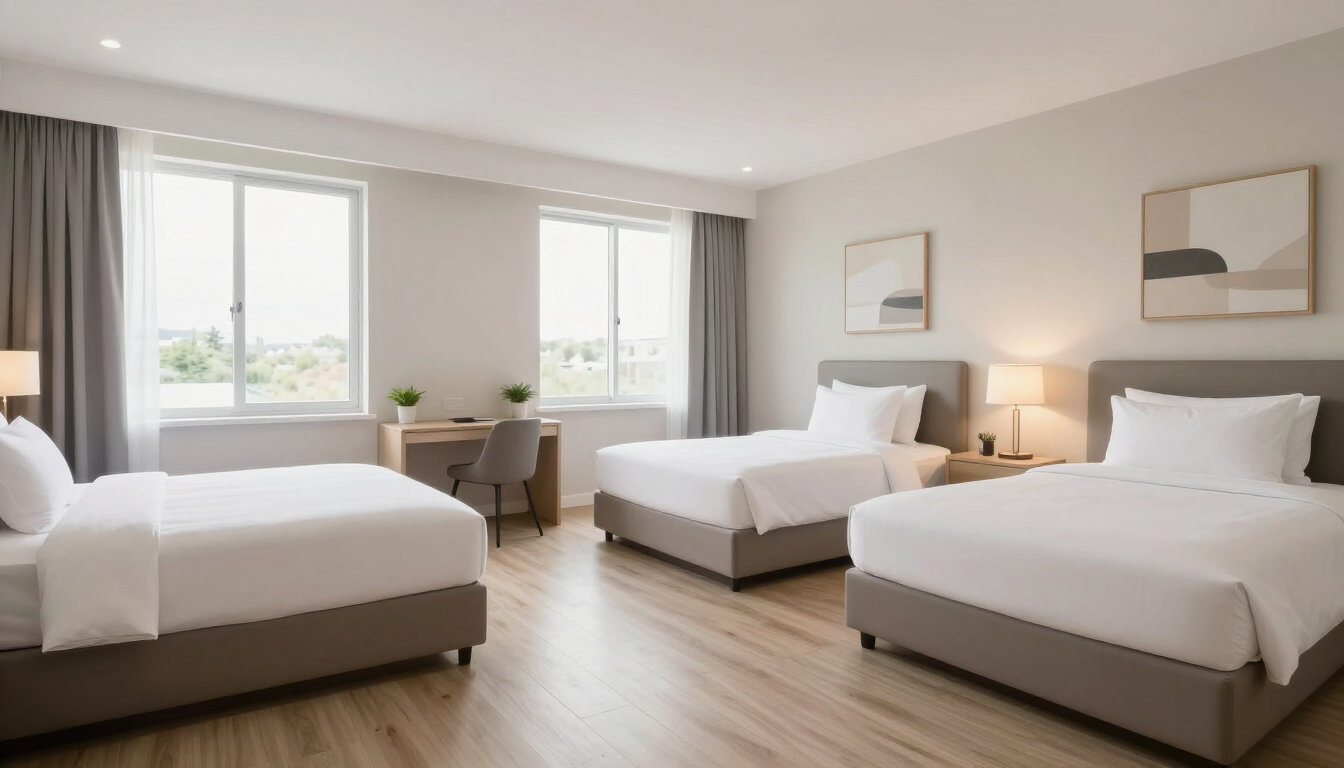 Habitación luminosa y moderna con tres camas blancas, suelos de madera y grandes ventanales.