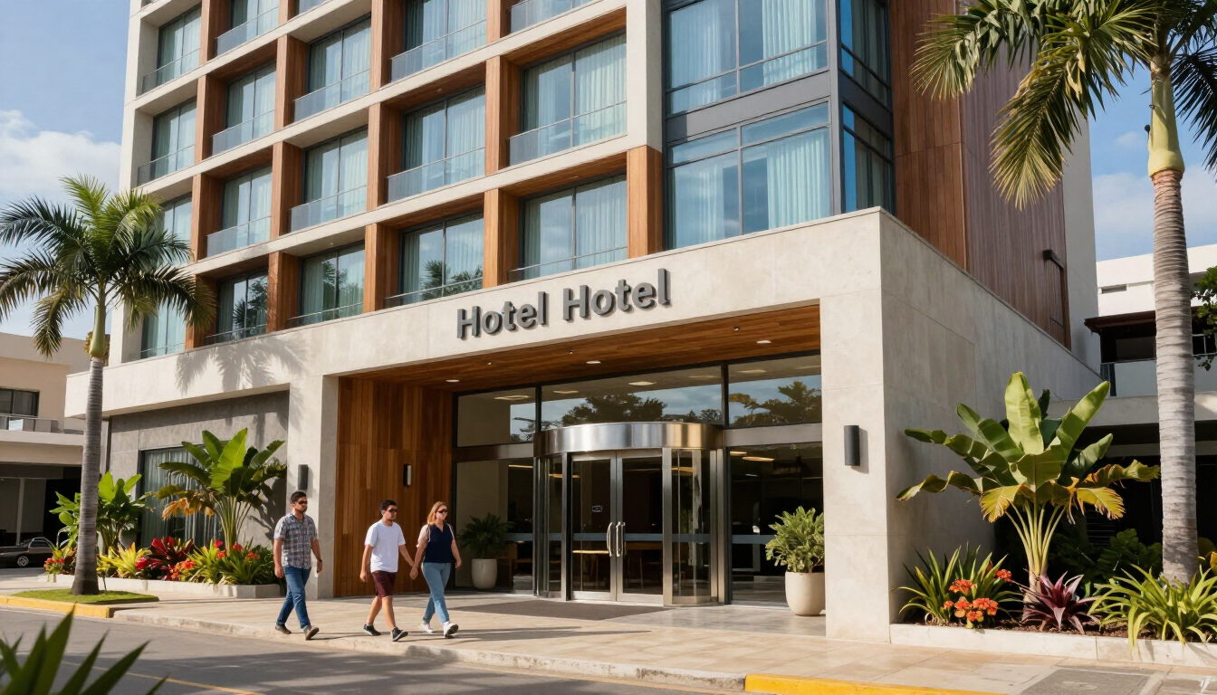 Entrada moderna del hotel con puertas de cristal, palmeras y huéspedes paseando al aire libre bajo un cielo soleado.