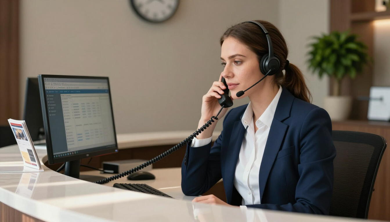 Un agente de atención al cliente lleva auriculares y habla por teléfono