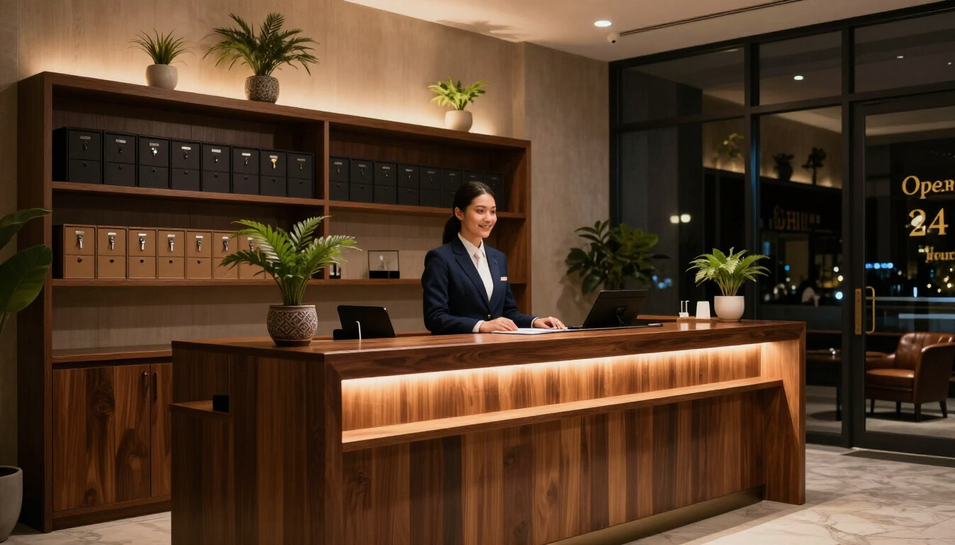 Mostrador de recepción de hotel moderno con iluminación cálida de madera y una recepcionista de pie detrás.