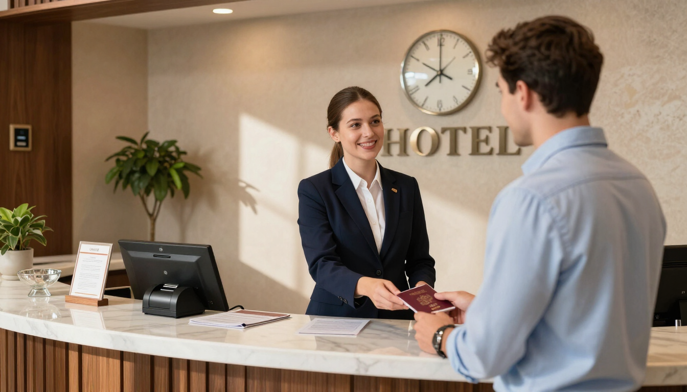 Recepcionista del hotel entregando una tarjeta llave a un huésped en la recepción.