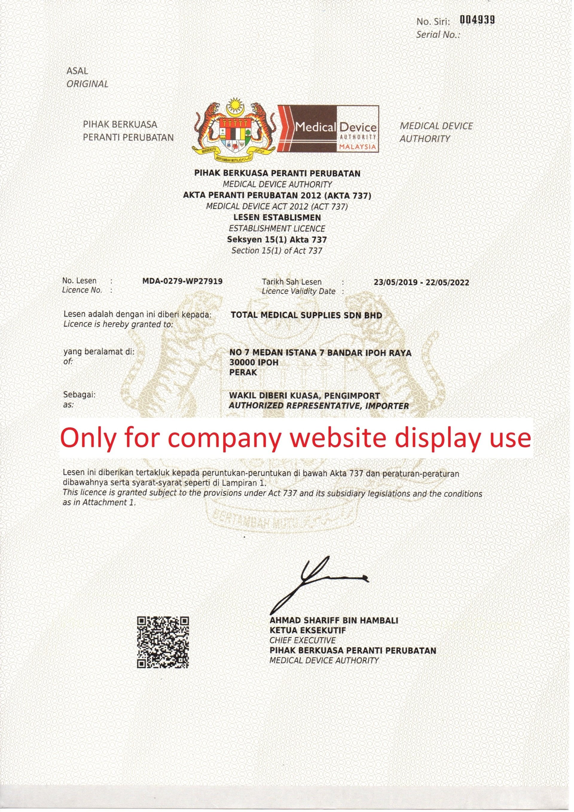 Certification Total Medical Supplies Sdn Bhd Prosthetic & Orthotic