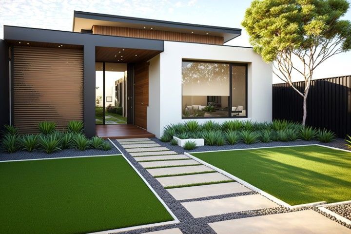Modern single-story house with white exterior, front lawn, stone walkway, and large windows.