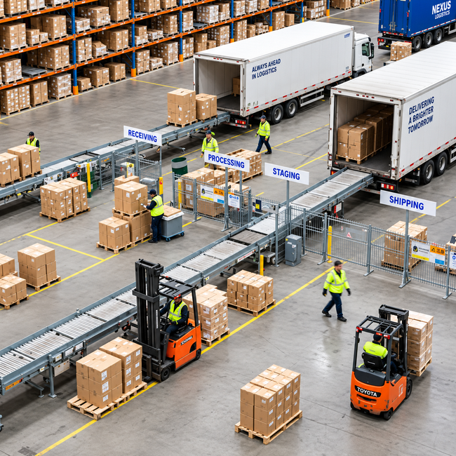 Busy warehouse loading dock with forklifts moving pallets and workers around trucks and conveyor belts
