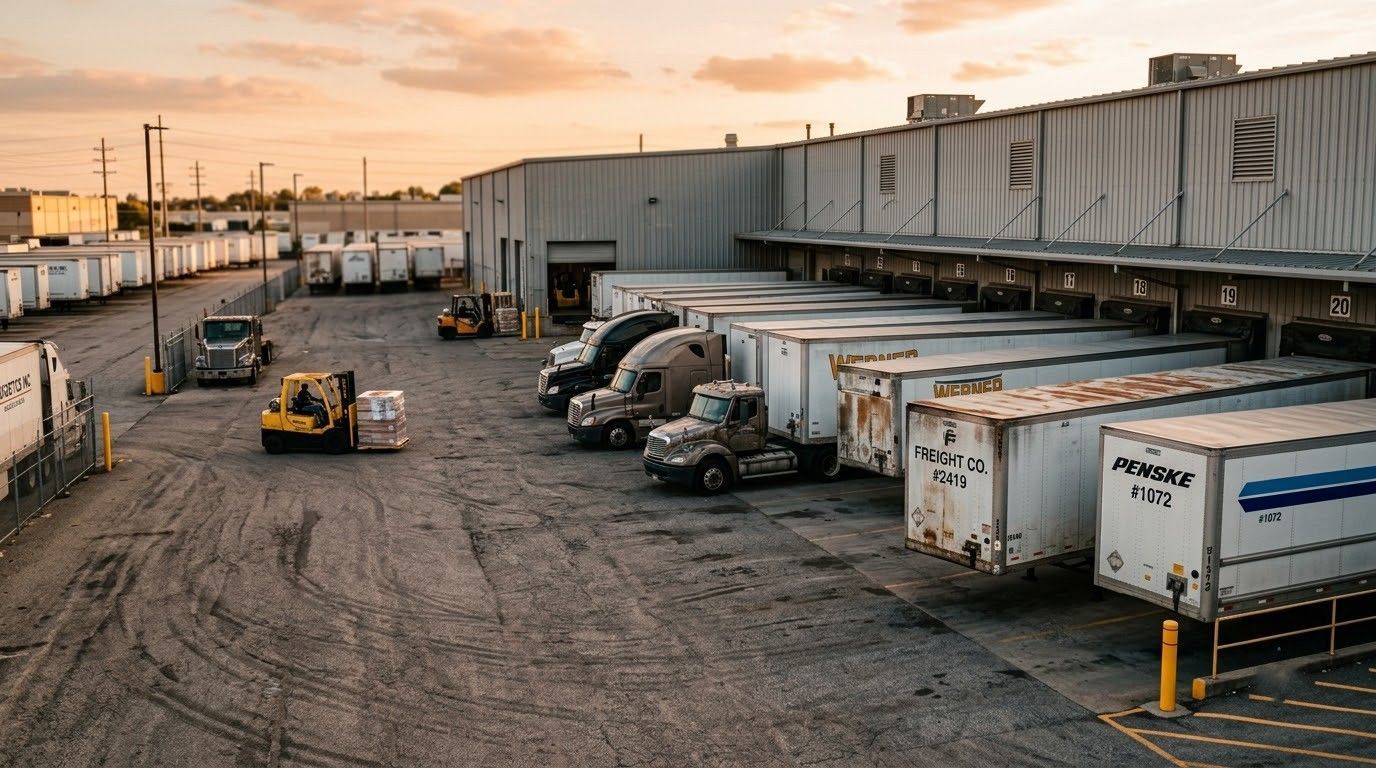 Industrial warehouse loading dock with trucks, trailers, forklifts, and a gravel lot at sunset