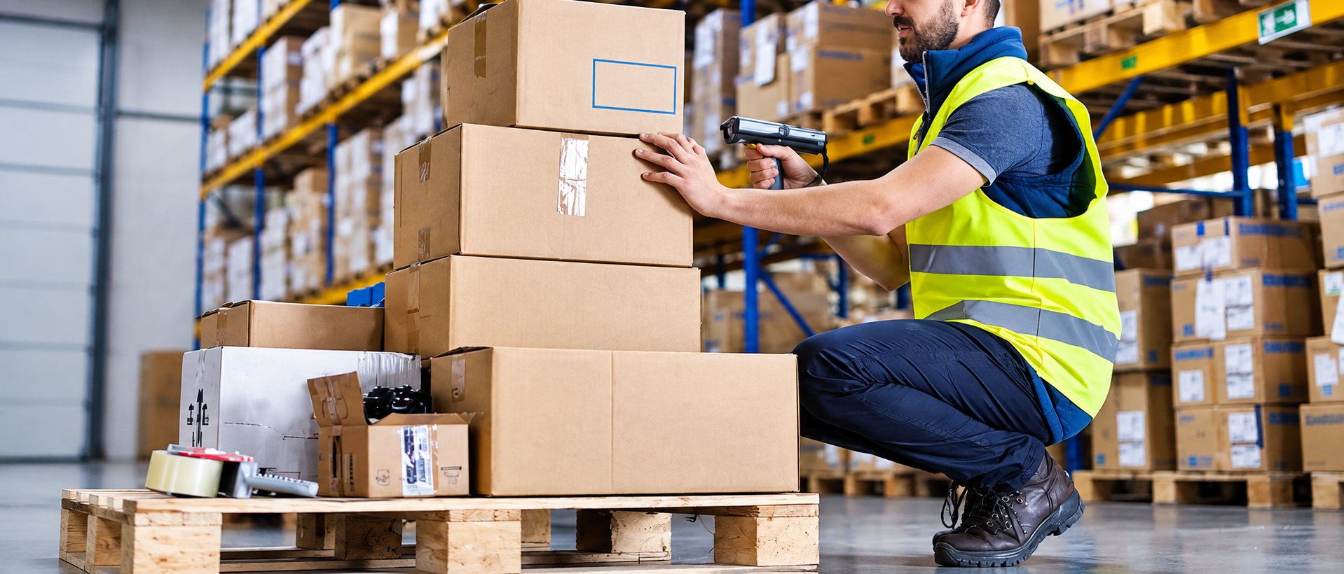 Warehouse worker in a yellow vest loading cardboard boxes onto a pallet in a storage aisle