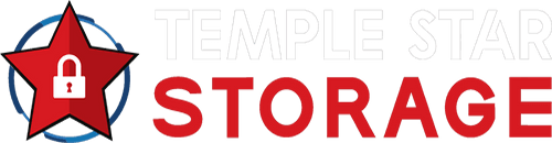 Logo for Temple Star Storage featuring a red star with a white padlock icon inside a blue circle next to the company name.