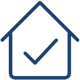 A dark blue outlined icon of a house containing a checkmark.