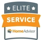 An elite service home advisor logo with an orange ribbon.