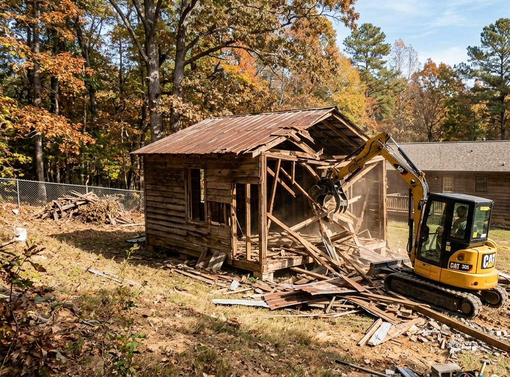Yellow excavator demolishing an old wooden shed in a wooded area during autumn