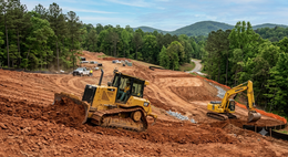 Bulldozers working on a red dirt construction site with forested hills in the background