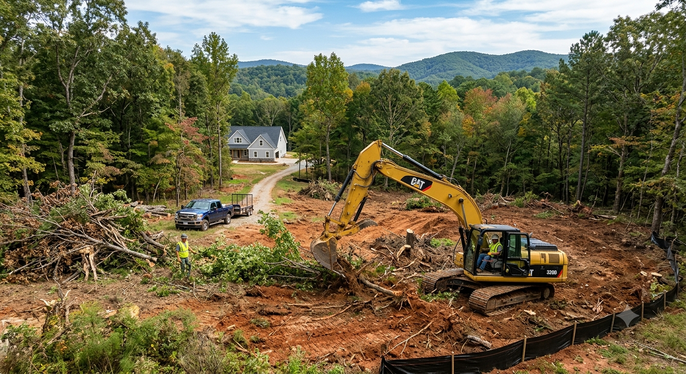 Excavator clearing a forested hillside near a house, with mountains in the background.