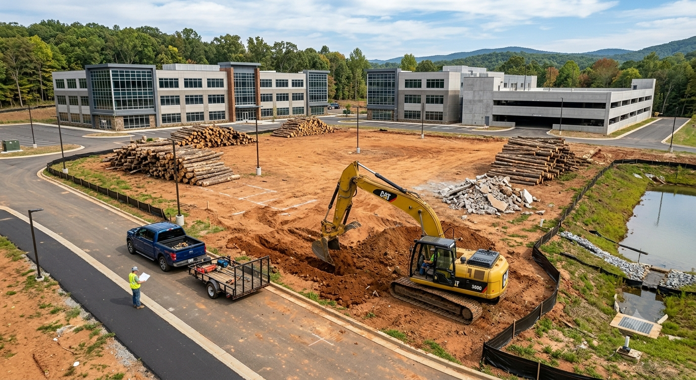 Construction site with excavator, dirt piles, and workers near office buildings and a parking lot