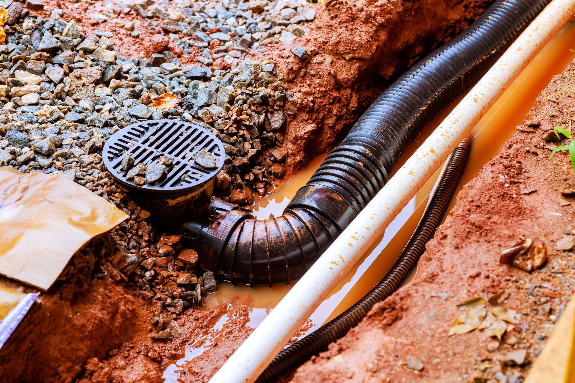 Sewer drain pipe and grate in a muddy trench beside white utility pipes