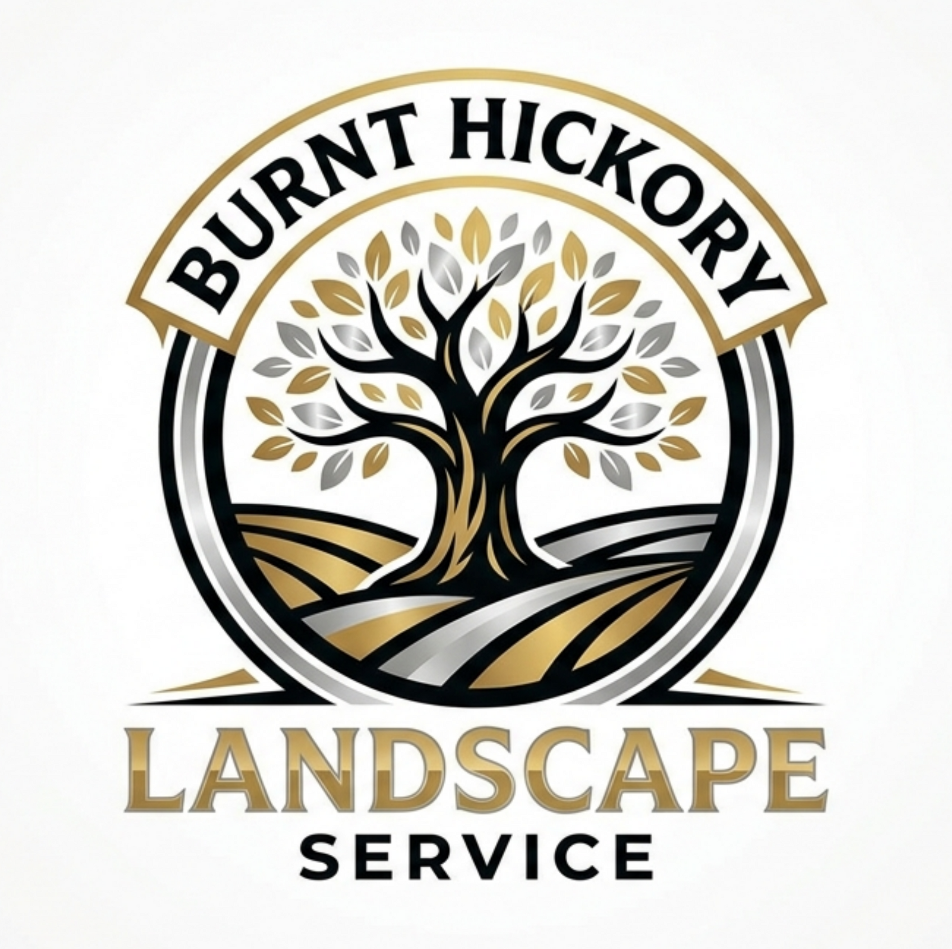 Burnt Hickory Landscape Service logo with stylized tree and gold-and-black circular design