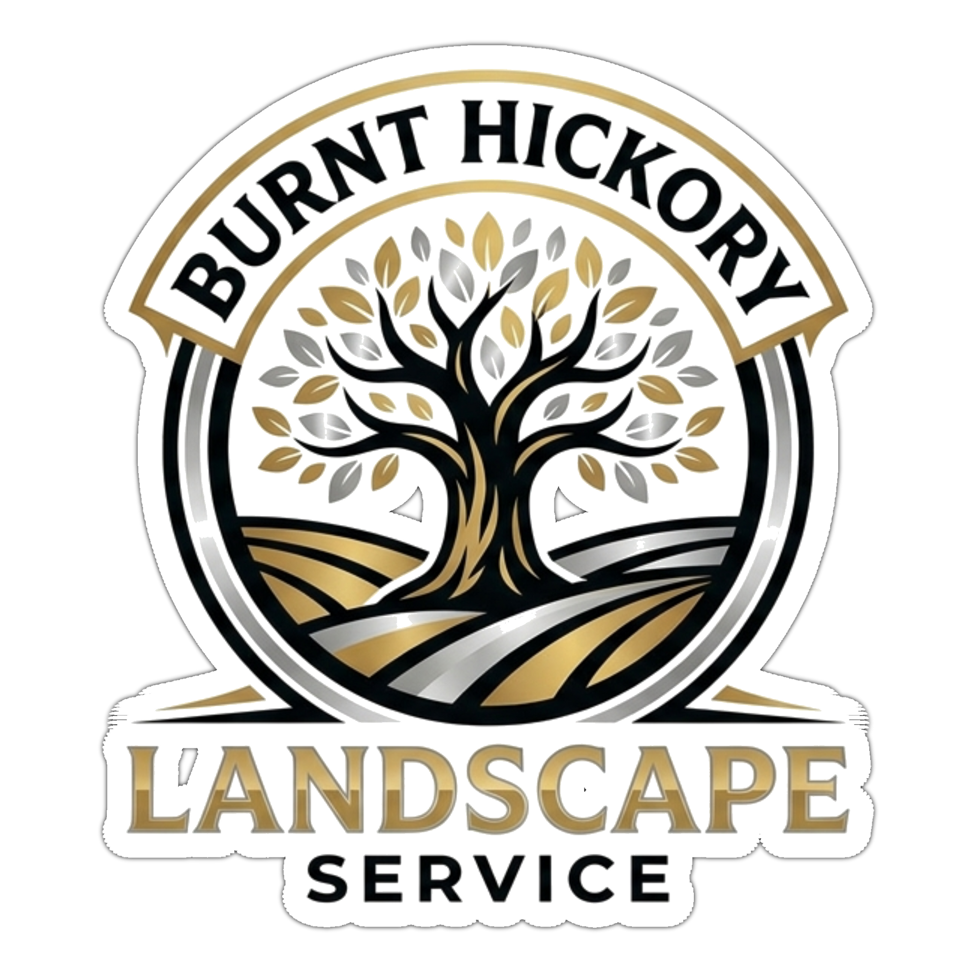 Burnt Hickory Landscape Service logo with stylized tree and gold, black, and tan design