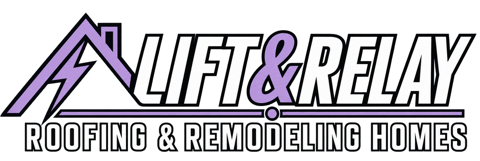 Lift & Relay Roofing & Remodeling Homes logo with purple roof icon and black text