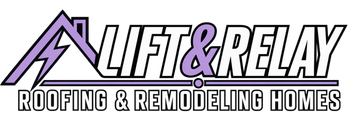 Lift & Relay Roofing & Remodeling Homes logo in purple, white, and black with a house roof icon