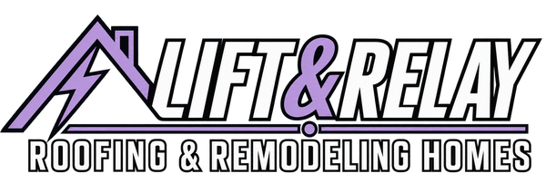 Lift & Relay Roofing & Remodeling Homes logo with purple roof icon and black text