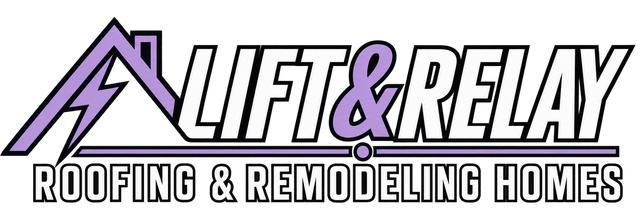 LIFT&RELAY Roofing & Remodeling Homes logo in purple, black, and white with a roofline icon