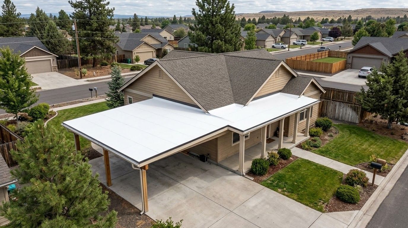 Aerial view of a suburban house with a white carport roof and landscaped front yard.