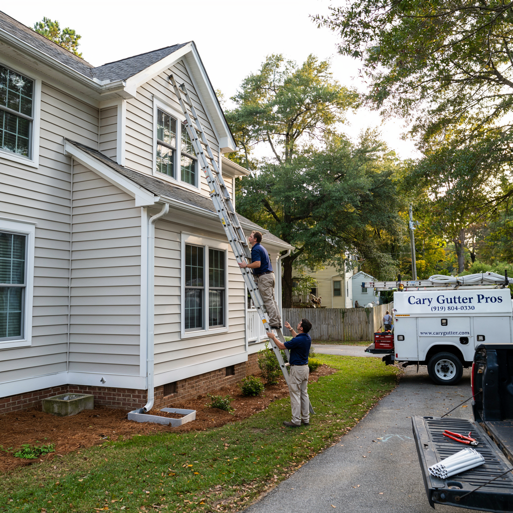 man installing roof gutter