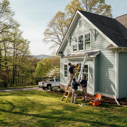 man installing roof gutter