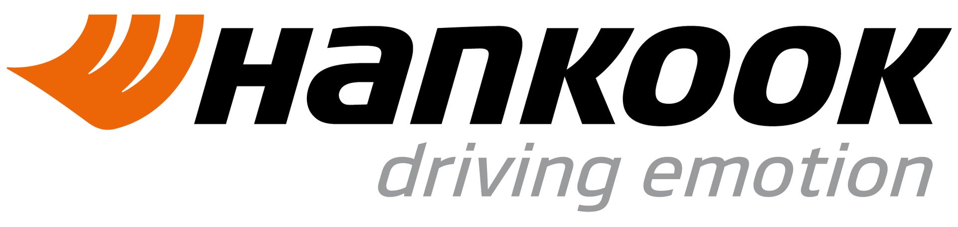 Hankook logo with orange swoosh and black text, plus gray “driving emotion” tagline