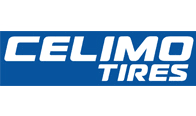 CELIMO TIRES logo in white and blue on a black background