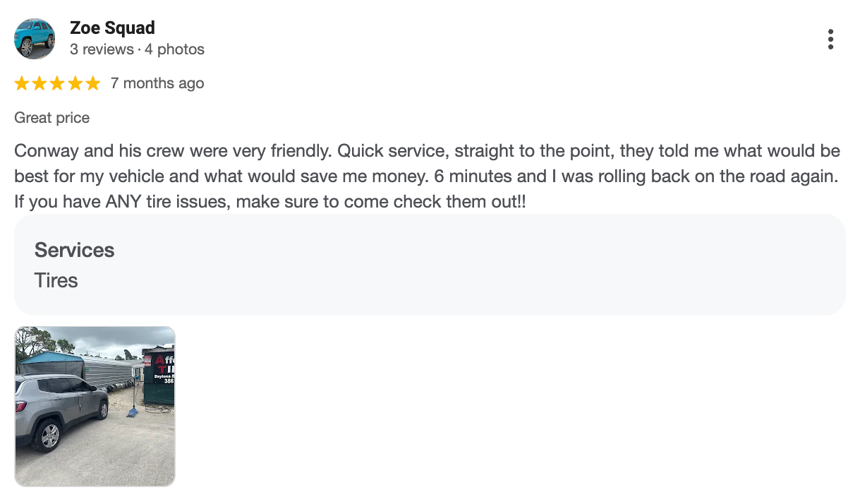 Google review page showing a 5-star customer comment and a small photo of a car at a tire shop
