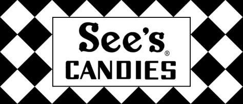 See's Candies logo with text over a black and white checkered background.