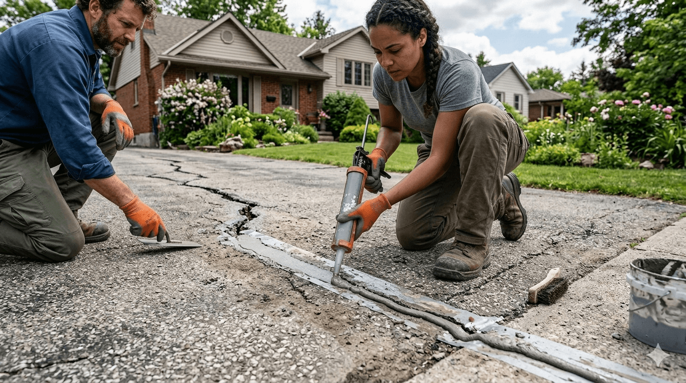 A person levels wet concrete sidewalk with a long screed. They wear boots and shorts. The setting is outdoors.