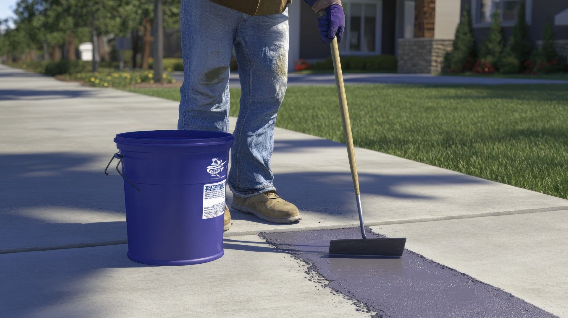 A person applies sealant to a concrete sidewalk with a squeegee, near a blue bucket. Daytime, outdoors, residential setting.