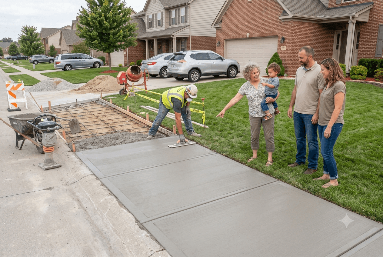 Concrete sidewalk under construction, with wooden forms and stakes.