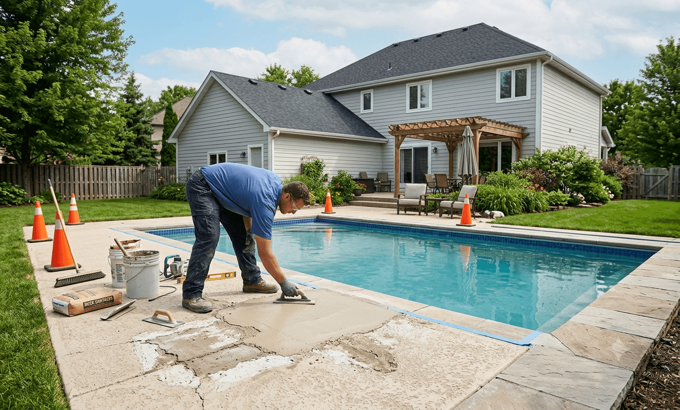 Construction worker kneeling, using a trowel to smooth concrete in a road joint, wearing orange vest and gloves.