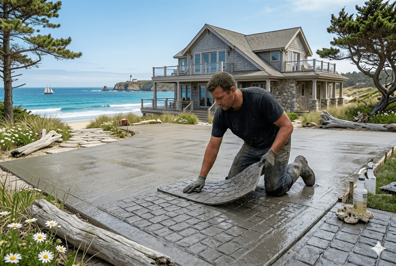 A person levels wet concrete sidewalk with a long screed. They wear boots and shorts. The setting is outdoors.