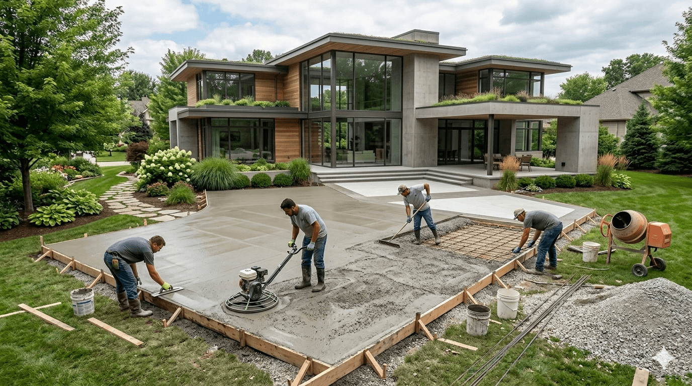 A person applies sealant to a concrete sidewalk with a squeegee, near a blue bucket. Daytime, outdoors, residential setting.